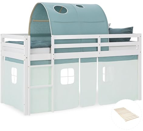 Homestyle4u Hochbett 90x200 mit Vorhang Tunnel & Lattenrost Kiefer Weiß | Stabiles Kinderbett mit Treppe & Absturzsicherung, Spielbett aus Massivholz, Vorhang Set & Tunnel in Pastellgrün