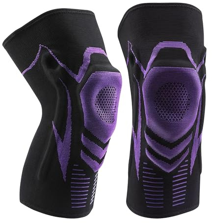 SUPERWSLING Genouillères Sport 2 Pack XL Soutien Ligamentaire & Rotulien - Design Respirant avec Ressorts Anti-Dérapants - Tissu 3D pour Fitness, Cyclisme, Randonnée (Noir/Violet)