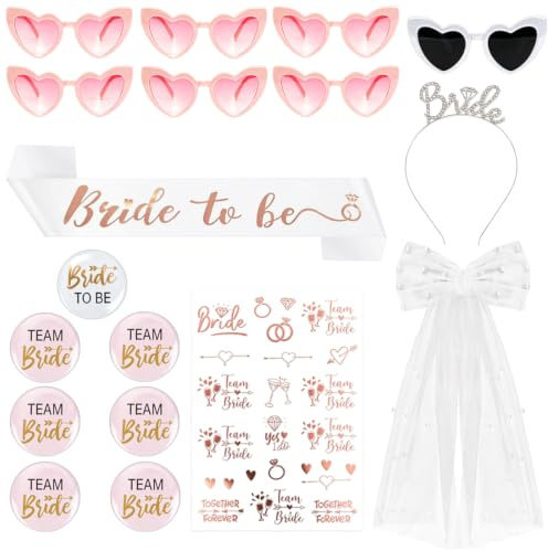 JGA Accessoires Frauen Set, 7 Herz Sonnenbrillen, 7 JGA Buttons, 1 Bride to be Schärpe, 1 Schleier Braut, 1 Bride Haarreif, 1 Tattoo Junggesellinnenabschied, Bachelorette Party Accessories