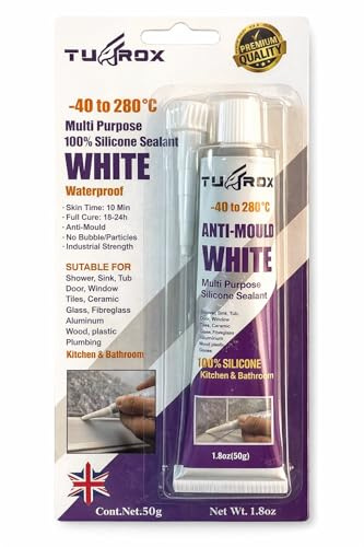 TUFROX 50g White Silicone Sealant – 100% Silicone, waterproof & flexible. Ideal for bathroom, kitchen, shower, windows. Temp resistant -40°C to +280°C. Smooth finish, anti-fungus, no bubbles