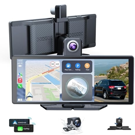 Tucarwyi 10.26 Wireless Portable Carplay Screen CarPlay & Android Auto Car Stereo 360 Rotation 4K Dash Cam 1080p Rear Camera Mirror Link Voice Control GPS Navigation(SD Card Excluded)