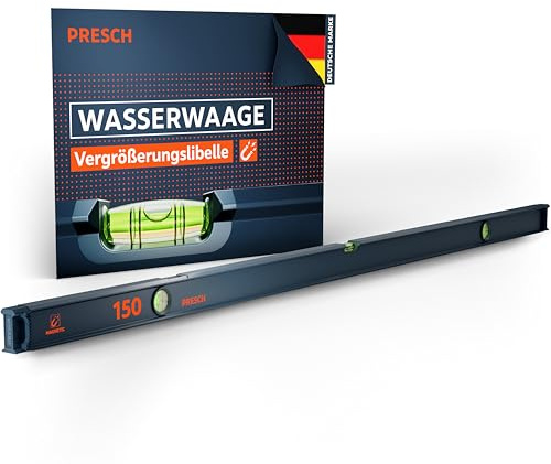 Presch Wasserwaage magnetisch 150cm - Bruchfeste Weitwinkellibelle inkl. 2% Gefälle-Anzeige - Vertical-View-Funktion dank Sichtfenster - Innovative Anti-Rutsch‑Endkappen & präzise Messfläche