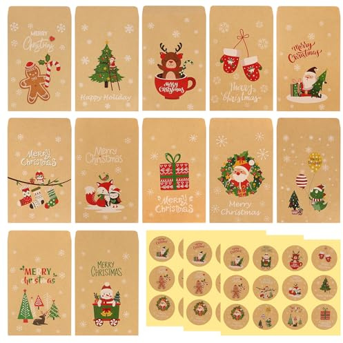 48 bruna papperspåsar med 48 klistermärken, liten julpresentpåse kraftpresentpåse små bruna kuvert 7 x 11 cm liten presentpåse julficka för förvaring av små föremål, godis