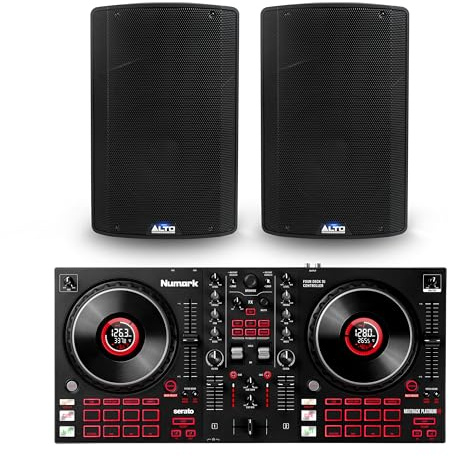 Numark Mixtrack Platinum FX DJ Controller and ALTO TX415 Powered PA Speakers Pair for Live Music, DJ sets, Events, Music production