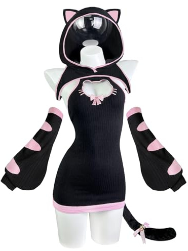KORURACLUB Disfraz de Anime y Gatos (Juego de 3 Piezas) Sexy Para Mujer Disfraz de Halloween Lencería de Anime (Atigrado negro, XS-M)