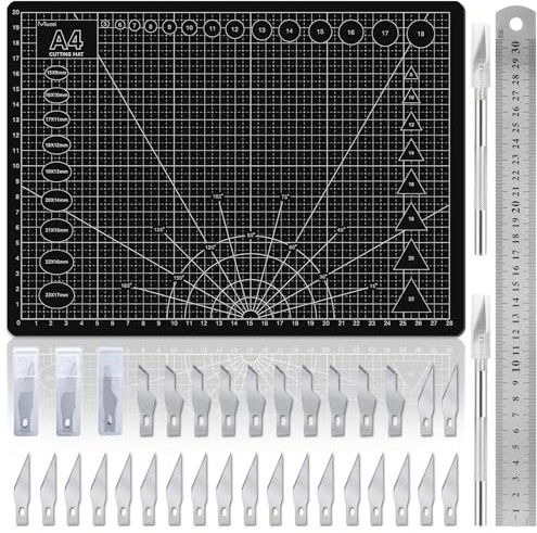 Miuzei A4 Cutting Mat Set: Self Healing Craft Mat with Steel Ruler, 30×22CM, Craft Board for DIY Projects, Sewing, Paper, Scrapbooking and Model Making (Black)