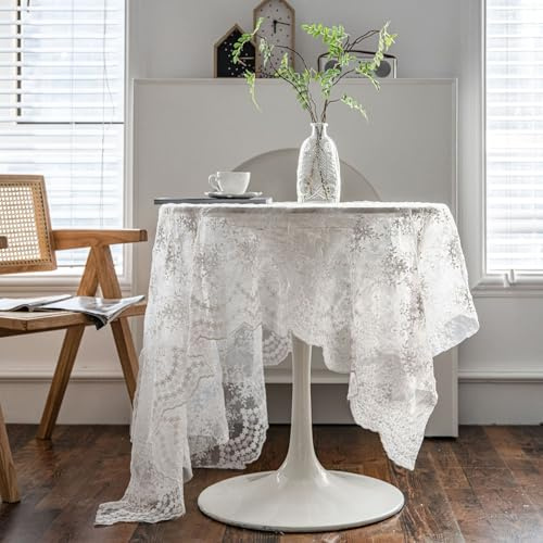 POABXYHD Vintage weiße Spitzentischdecke, Elegante Häkeltischdecke aus Frankreich, Bestickt mit Blumen, runde Tischdeko für Hochzeiten und Feste, rustikale Tischwäsche für Bankett und