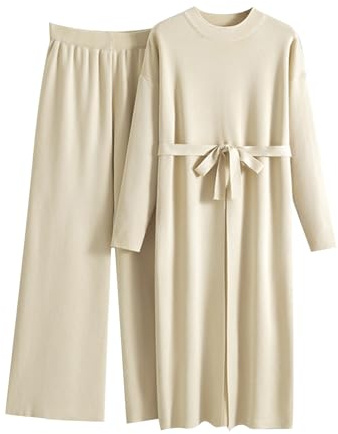 Vhersily 2026 Ensemble Femme En Deux Pièces, Robe En Tricot Avec Fente, Pantalon Large À La Mode Doux Robes + Pantalon De Jogging Taille Haute Chic Élégant Classique Pour La Maison Bureau, beige