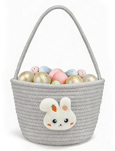 Easter Basket,Small Bunny Basket with Handle,Easter Egg Hunt Basket,Easter Storage Basket,Personalized Easter Gift for Women,Grey Decor Basket for Egg Hunts,Treats & Home Decor