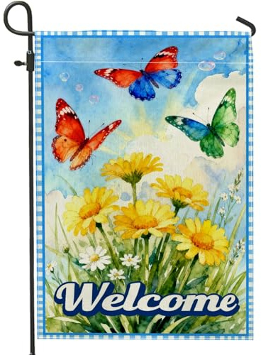 Bandiera da giardino con farfalle, con fiori di crisantemo primaverili, in iuta blu, su entrambi i lati, piccola bandiera da giardino per esterni, portico, prato, patio, terrazza, 30,5 x 45,7 cm