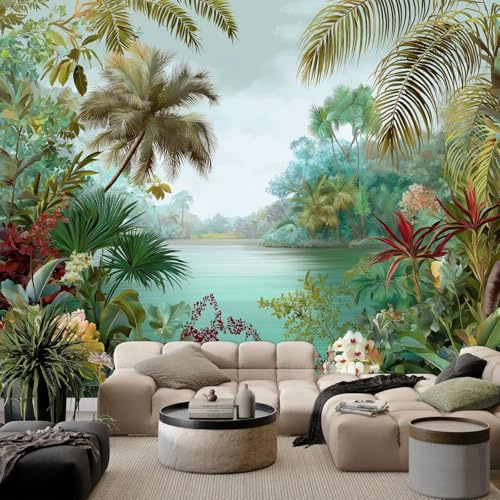 Fotomurales no tejido Paisaje de flores tropicales 250x175 cm Papel Pintado Decoración de Pared Murales póster efecto 3D, Decorativos Murales para Dormitorio Salón TV Pared