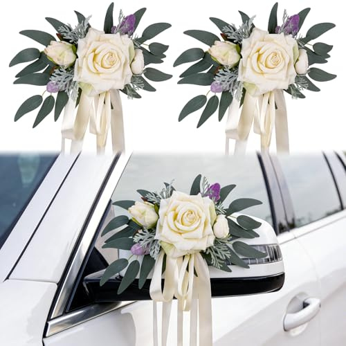 Alaoo 2pcs Rose Bianche Matrimonio Auto, Specchietto Retrovisore Dell'auto