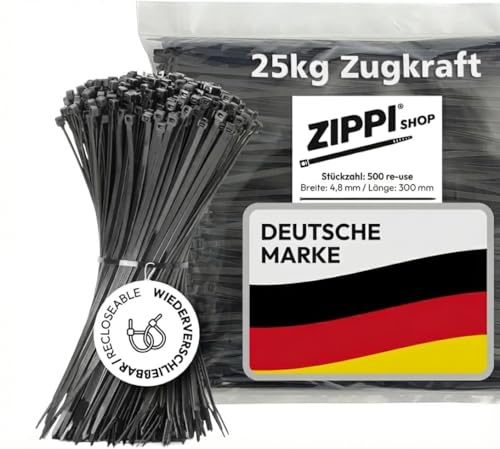 Kabelbinder wiederverschließbar (500 Stück) - 300mm x 4,8mm - Schwarz | 25kg Zugkraft - wiederverwendbar, lösbar & uv beständig - Ideal für sichere Elektroinstallation & Kabelmanagement