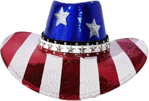 HiyyFloy USA amerikansk flagga paljett cowboy hatt 4 juli patriotisk röd vit blå västerländsk hattar glitter amerikansk stil cowgirl huvudbonader för män, kvinnor festival och fest