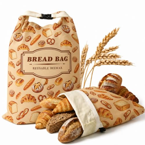 zxevg Beeswax Bread Bags 2 Pack 43x33cm Reusable | Cotton outer with beeswax lining for sourdough & homemade bread. Reusable bag keeps bread fresh