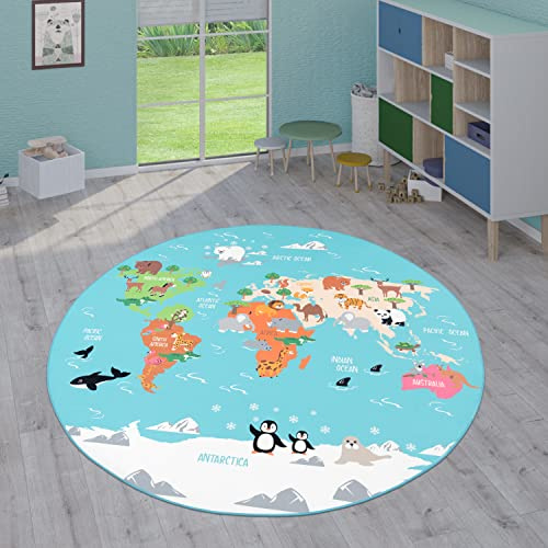 Paco Home Kinderteppich Teppich Kinderzimmer Spielteppich Junge Mädchen Modern rutschfest, Grösse:200 cm Rund, Farbe:Türkis
