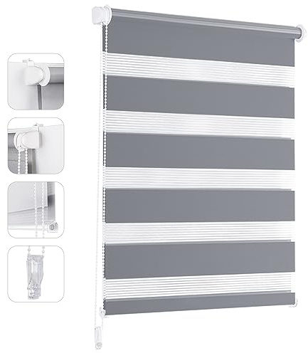 Sekey Doppelrollo Klemmfix ohne Bohren für Fenster, Doppelrollo 40 cm breit, Duo Rollo Jalousie Sonnenschutz, 40x130cm, Grau