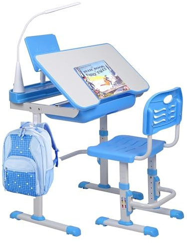SMAGREHO Kids Desk and Chair Set, Height Adjustable Child's School Study Writing Tables with Tilt Desktop, LED Light, Storage Drawer, Book Stand (Blue)