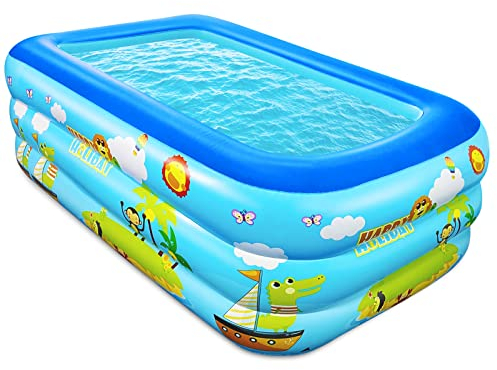 Jiosdo Piscina per bambini, 150 cm, gonfiabile, per bambini, rettangolare, con fondo morbido gonfiabile, per estate, divertimento acquatico (blu)