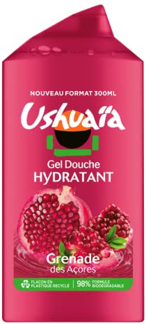 Ushuaïa Gel Douche Hydratant Grenade des Açores Parfum Fruité 300ml | Flacon plastique recyclé, Formule végan biodégradable, pH neutre testé dermatologiquement, Notes pétillantes gourmandes