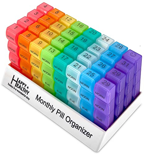 Pastillero organizador mensual - 4 veces al día mañana-mediodía-tarde-noche - Grandes 32 pastilleros diarios con compartimentos para vitaminas, suplementos