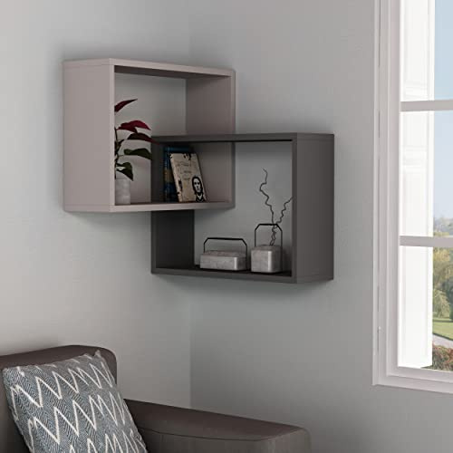 Eckregal mit 2 Ebenen zur Wandmontage| modernes Schweberegal als Corner Bookshelf für Küche| Wohnzimmer| Arbeitszimmer und Schlafzimmer| hohe Belastbarkeit bis 17 kg| 20 x 60 x 68 cm Mokka - Anthrazit