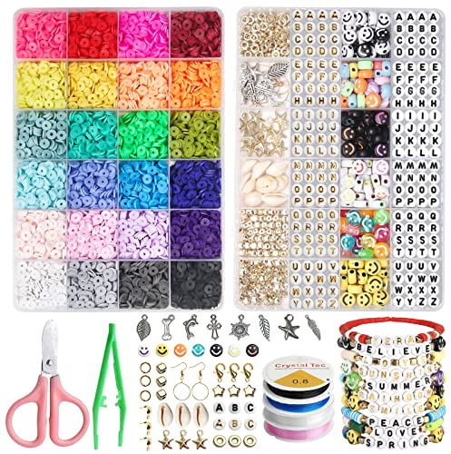 Liangding Perlen zum Auffädeln, 7048 Stück Heishi Perlen Set, 6mm Polymer Clay Perlen, Armbänder Selber Machen mit Smiley, Buchstaben Perlen und Anhänger für Halsketten, DIY Bastelsets Geschenke