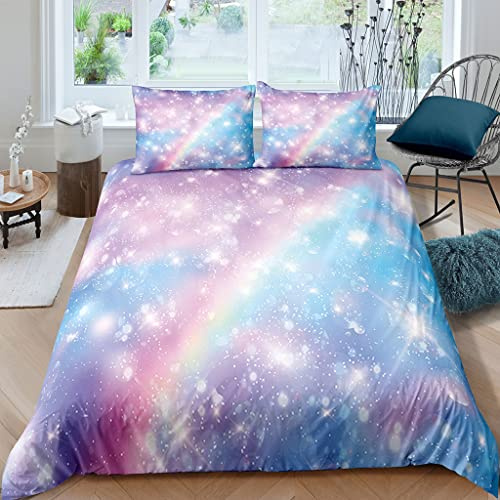 XPINGO Kinder Bettwäsche Romantik Sternenhimmel 135x200 cm 2teilig Jungen und Mädchen 100% Mikrofaser Sommer Weiche Winter Warm Bettbezüge 3D Regenbogen Bettbezug mit Kissenbezüge 80x80 cm
