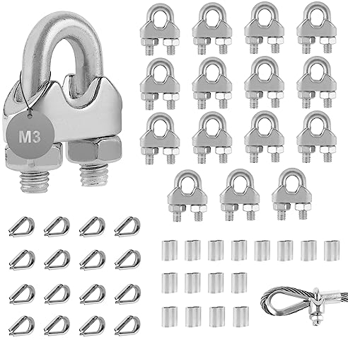 EXLECO 16er Drahtseilklemme 3mm Seilklemme Stahlseil Edelstahl Bügeform Drahtseil Clip Seil Bügelseilklemme mit Aluminiumhülsen Kauschen für Stahlseil Stahlkabel Stahldraht Wäscheleine Markise Fixiert