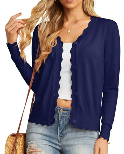 GRECERELLE Women's Cardigans Knit Long Sleeve V Neck Button Down Lightweight Ladies Scalloped Shrugs Jumper Cardigan for Dress Summer Evening Wedding