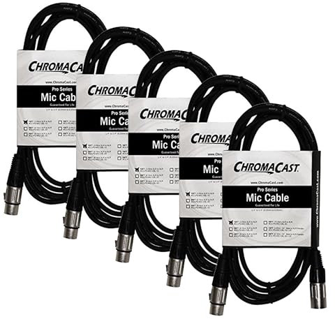 ChromaCast 5 Pack XLR Microphone Cable for Speaker or PA System, All Copper Conductors, 6MM PVC Jacket, 10 Foot, Black