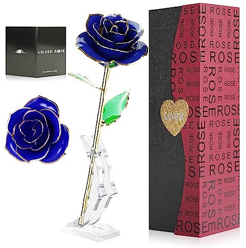LAMTOR 24K Gold Eternal Rose with Stand, Long Stem Dipped Real Rose Flower Romantic Gift for Her Women Mom Girlfriend Wife on Valentines Day/Mothers Day/Anniversary/Birthday - Forever Rose, Blue