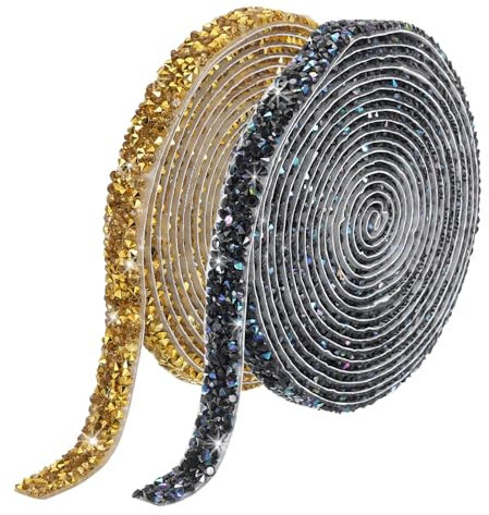 QUARKZMAN 1 Set Cinta de Diamantes Adhesiva de Resina con Estrás de 6 Yardas x 10mm para Manualidades y Ropa - Negro AB y Dorado
