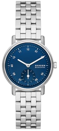 Skagen Kuppel Uhr für Damen, Quarzwerk mit Edelstahl- oder Lederarmband, Silberton und Blau, 32MM