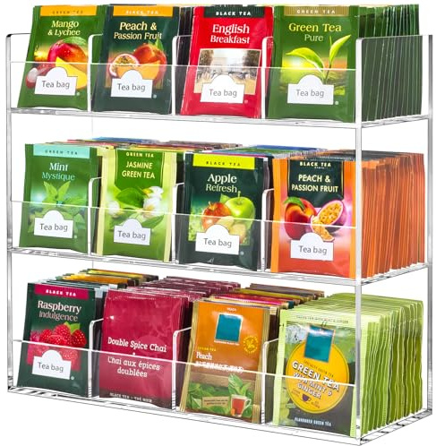 BEYGORM Acrylic Tea Bag Organizer for 216 Tea Packets, No Assembly Required, Display Holder for Countertop, Vertical Tea Bag Caddy for Cabinet, Tea bar Accessories, Teabags Storage Containers