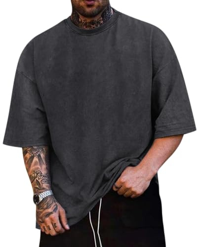 Minetom T-Shirt Homme Été Oversize Tee Shirt À Manches Courtes Col Rond Hauts Rétro Délavé Décontracté Casual T Shirt Basique Uni Tops A Noir M