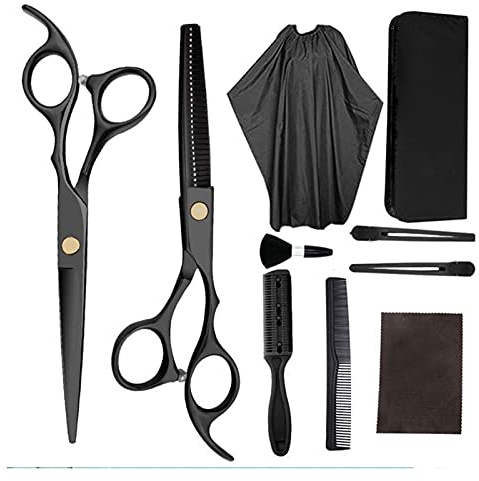 Scheren zum Haarschneiden, 10-teiliges Set, schwarz, 15,2 cm, Haarschere mit Tasche, Kamm, Clip, Bürste, Wickel, Haarschnitt, Ausdünnung, Friseur, Schneideschere, Friseurschere, Haarschneide-Set