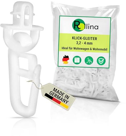 Rollina klick-Gleiter (50 Stück) | Gardinenhaken für Gardinenschiene mit 3,2-4 mm Innenlauf | Vorhang Haken auch für Wohnwagen Wohnmobil Caravan LKW