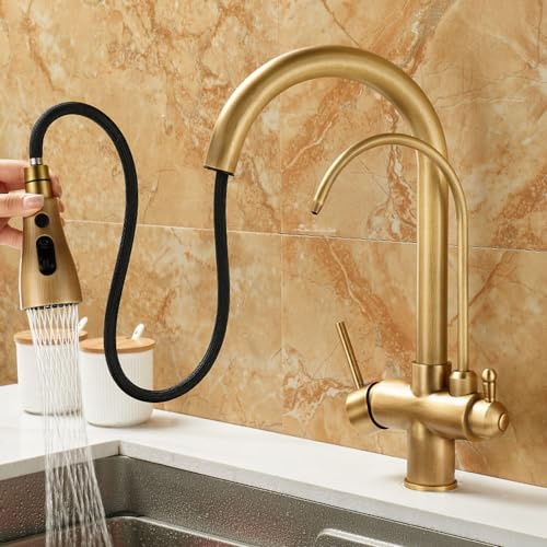 Küchenarmatur 3 Wege Wasserhahn Küche Ausziehbar Messing Antik Wasserhahn Schwenkbar 2 Griffe Multifunktion Spültischarmatur 3 Wege-Antiquität