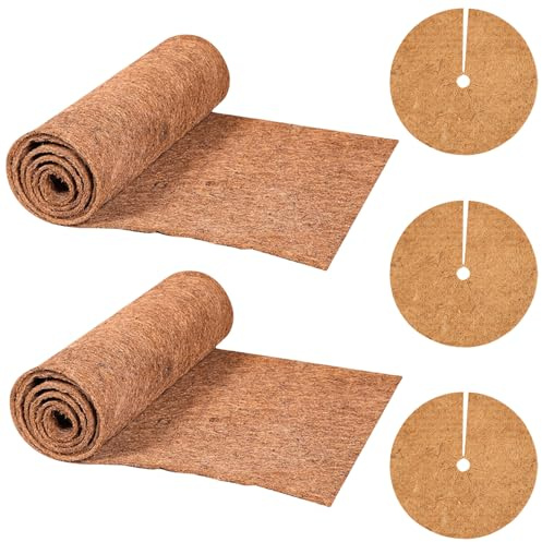 GOEDCH Rouleau de Doublure en Fibre de Coco Naturelle: 3 Pcs Disque de Coco, 2 Rouleaux Rouleau de Doublure en Coco, Tapis de Paillage en Fibre de Coco, Disque Natural Coco pour Plantes, Insectes
