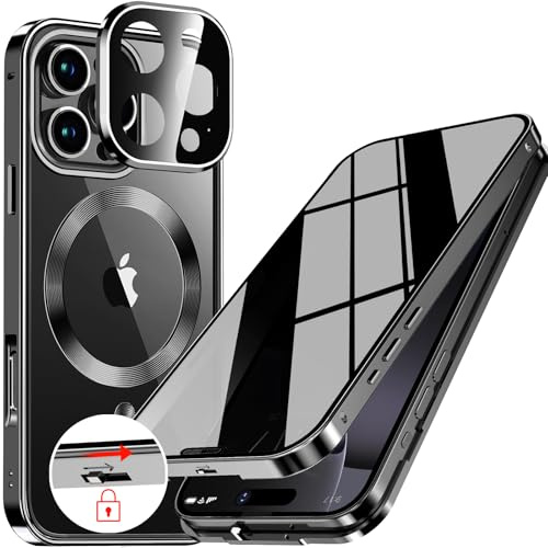 LS LANGSHUN [Sicherheitsschloss] 360 Grad Hülle für iPhone 16 Pro – Schwarz | [CD-Metallring & Integrierter Linsenschutz] 360 Grad Ganzkörper Sichtschutzhülle mit Integriertem 9H-Glasbildschirm