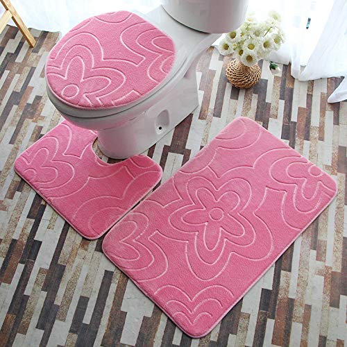 Bad Teppiche Set Rosa Elegante Blume Badezimmerteppich Waschbar WC Vorleger mit Ausschnitt und WC Deckelbezug 3 Teilig Badematte rutschfest Toilettensitzbezug Badgarnitur 45x75 cm