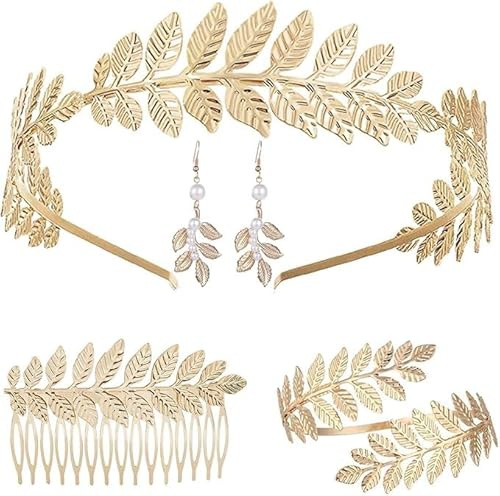 VIDSTW 5 Stück Griechische Göttin Kostüm Lorbeerkranz Schmuck Set Enthalten Ohrringe Armbänder Haarbänder Haarkämme Lorbeerblätter Schmuckset Böhmischer Stil Haarschmuck Gold Griechische Deko