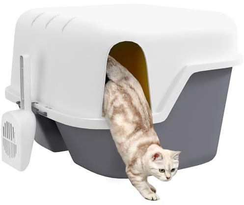 PawHut toilette per gatti con coperchio, lettiera con setaccio, paletta, casetta chiusa per gatti di piccola taglia sotto i 3,5 kg, da interno, in plastica, bianco crema