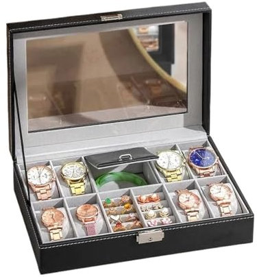 GLigeT Brillenständer Uhrenbox, 8 Schmuckschatullen, Uhrenvitrine, Organizer, Schmuckaufbewahrungsbox, schwarzes PU-Leder mit Spiegel und Schloss Sonnenbrille Rack