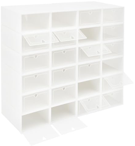 Zapatero para ahorrar espacio, 24 unidades, apilable, con tapa transparente, zapatero para entrada, para hombre y mujer, apto hasta la talla 44 (blanco)