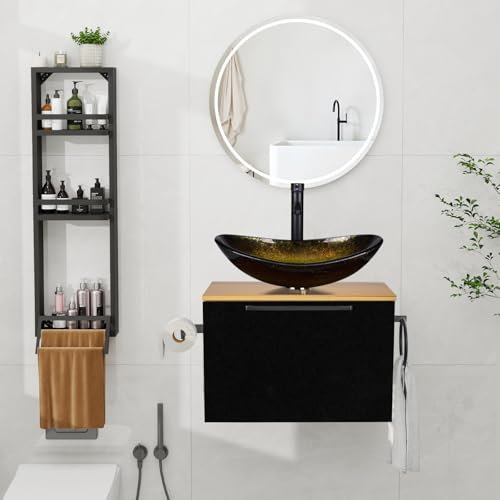 YU YUSING Ensemble de Meubles de Salle de Bain avec Lavabo et 3 Etagères de Douche, Porte-Serviettes Mural, Armoire de Rangement, Meuble sous Lavabo,Vasque à Poser, Ensemble Robinets(Ovale Doré)
