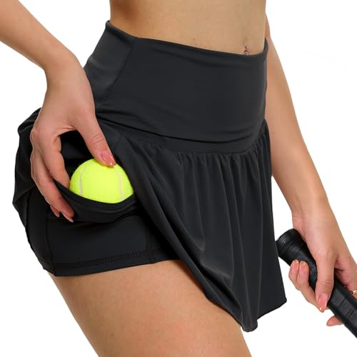 Eisnnu Damen Tennisröcke Lässig Faltbar Elastische Taille Tennisrock mit Taschen Sport Golfrock mit Shorts Darunter