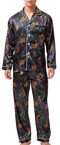 Sidenpyjamas för män, lång pyjamas med knappar, set med sovkläder, myskläder, L