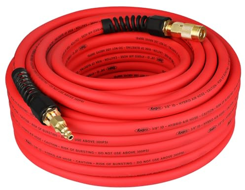 Keepro Hybrid Air Hose, Flexible 3/8 Inch ID x 100 Feet Long Air Compressor Hose with Repairable Solid Brass 1/4 Industrial Quick Coupler and Plug, 300 PSI Maximum Pressure, Red